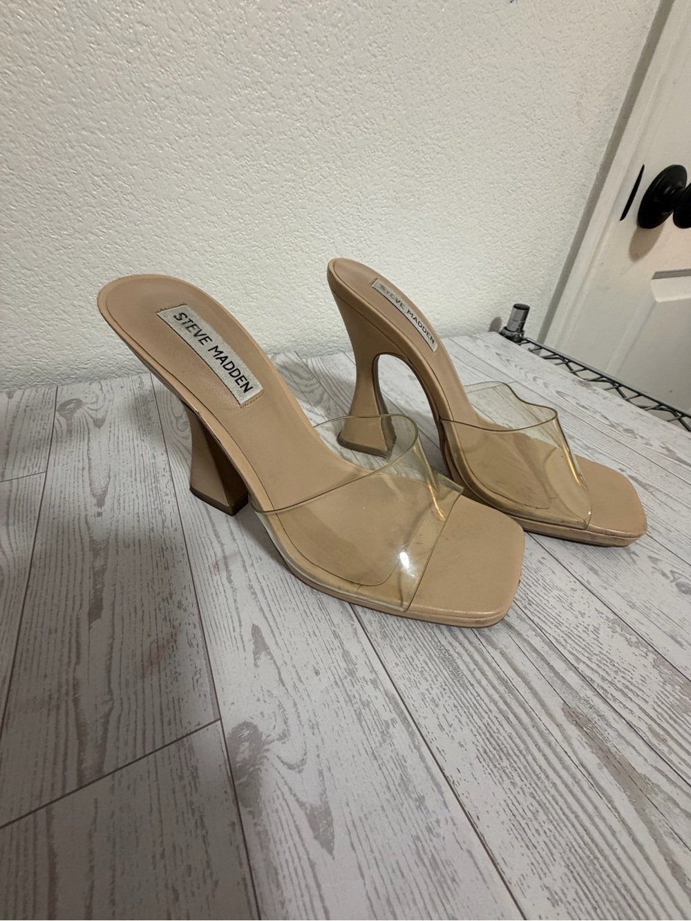 Steve Madden Tan Nude Clear Strap Block Heel Mules